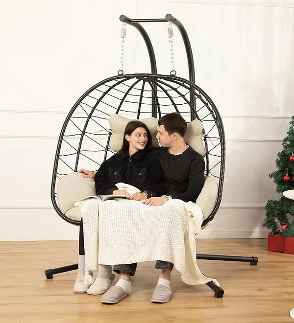Foldable Cocoon-type Hanging Love-seat with Frame and Cushions